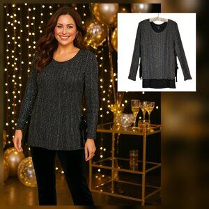 Karen Kane Black Silver Metallic Shimmery Evening Tunic Top with Side Bows Large